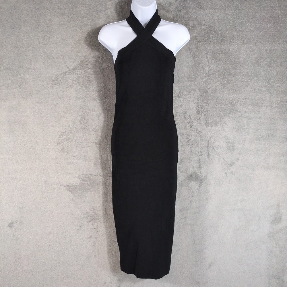Trouve Womens Black Halter Neck Ribbed Bandage Midi Dress Small
